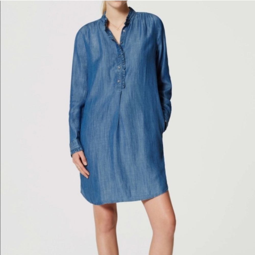 LOFT Indigo Chambray Dress Long Sleeves Small Midi Western Rodeo Boho Classic